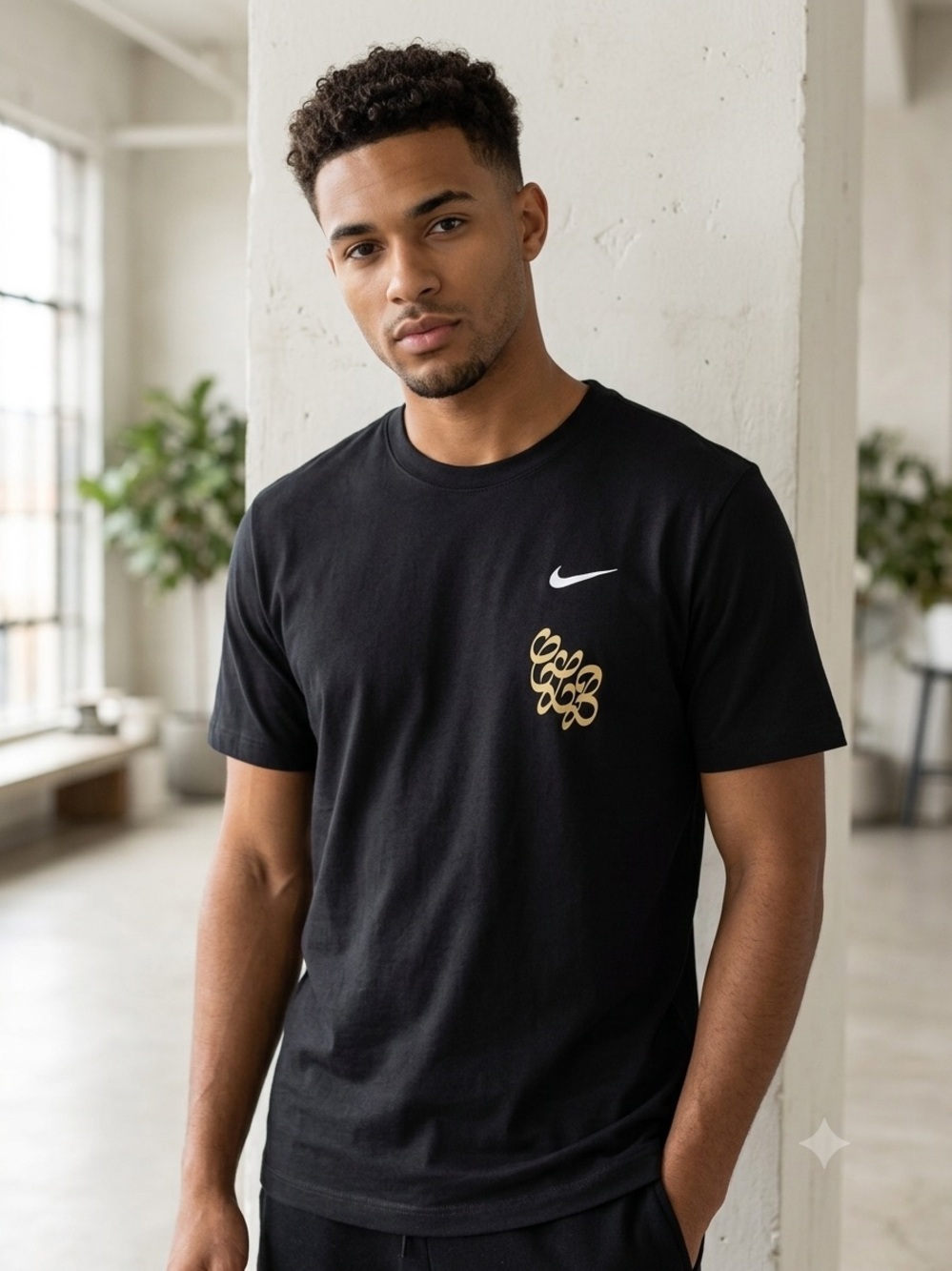 Drake Black Short Sleeve Tee with Gold Script and Pink Rose Graphic